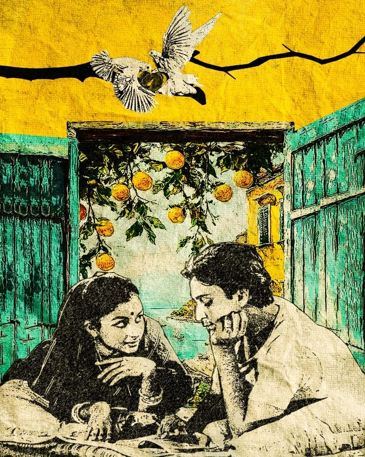 Collage of a couple chatting in a courtyard beneath an orange tree, a dove flying overhead