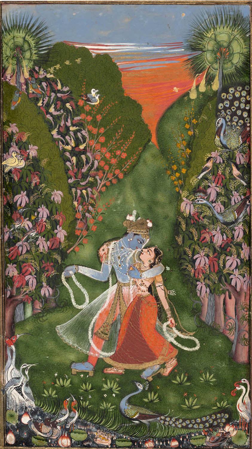 Kota miniature painting of Radha and Krishna in a flowering grove with peacocks