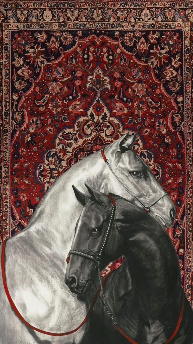 Painting of a white and a black horse against a red Persian carpet