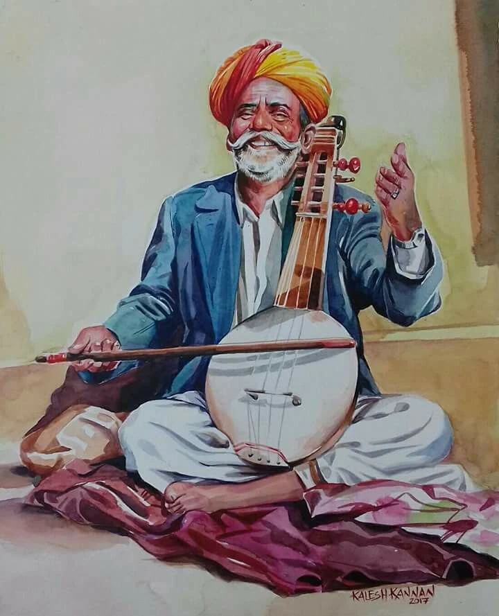 Watercolour of a Rajasthani folk musician playing a kamaicha