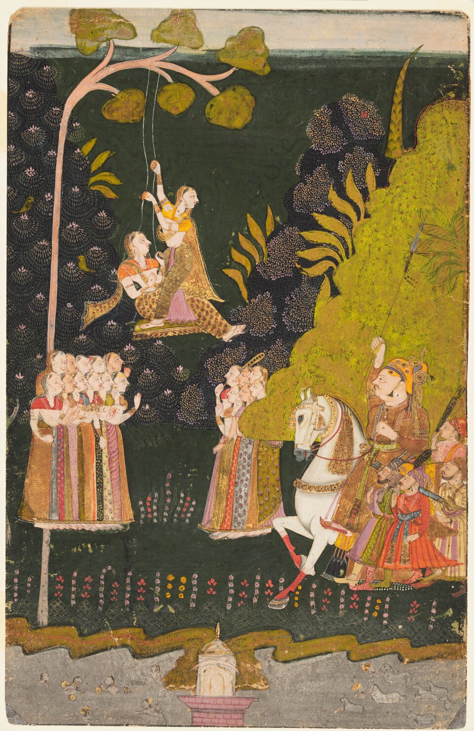 18th-century Marwar painting of women on a swing during the Teej festival